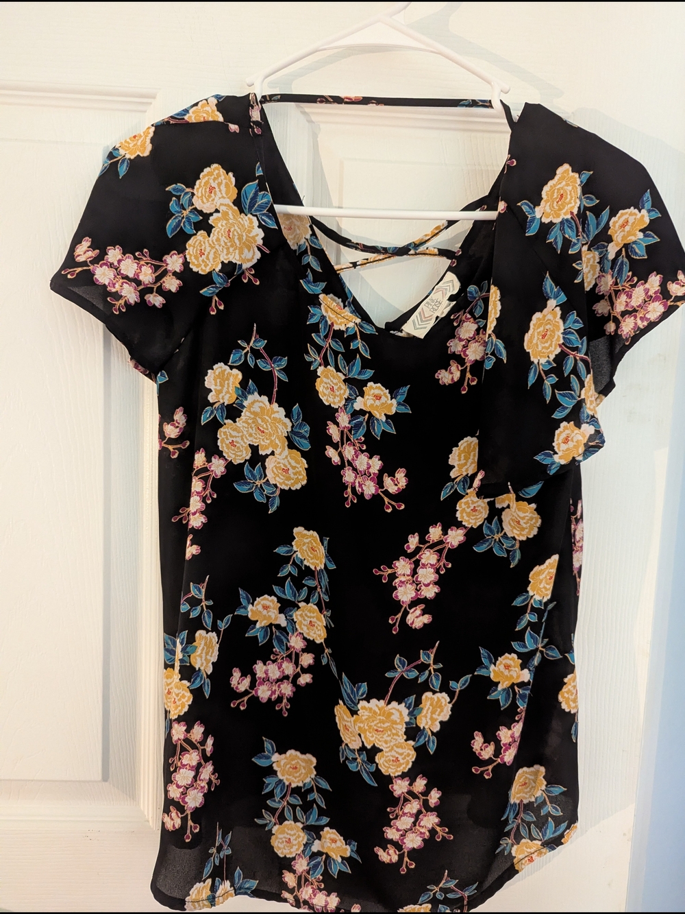 Pink Rose Black Floral Short Sleeve Blouse with Yellow & Blue Flowers